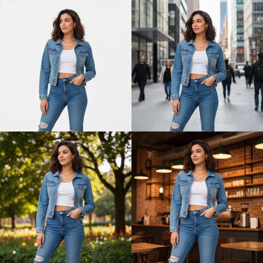 Same female model wearing identical casual outfit showcased across 4 different environments: studio, street, outdoor, and cafe settings demonstrating AI consistency