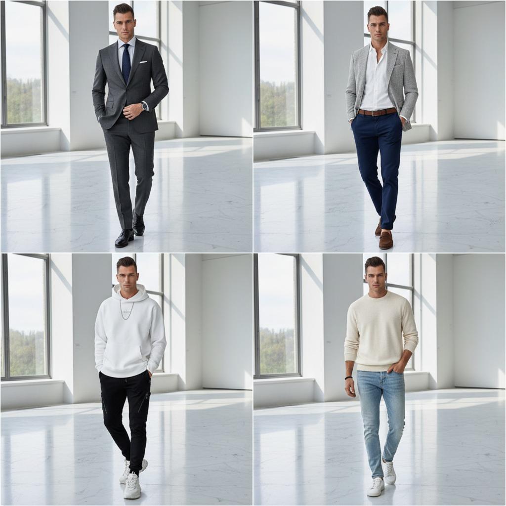 Same male model in luxury gallery setting wearing 4 different outfit styles: formal suit, business casual, streetwear, and refined casual